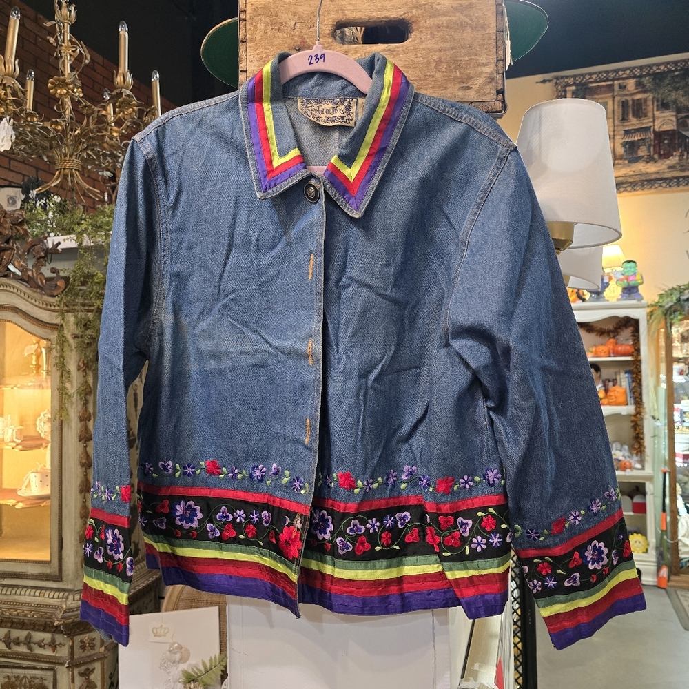 Embroidered Denim Jacket with Multicolor Trim By Tantrum Jeans